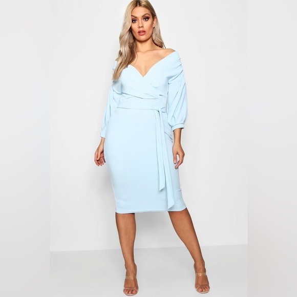 NWOT BOOHOO MIDI OFF THE SHOULDER WRAP DRESS IN LIGHT BLUE - Picture 1 of 2